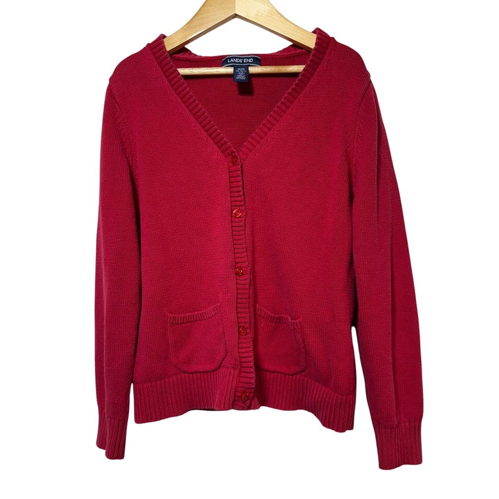 Lands' End Red V-Neck Cotton Cardigan Kids Size 10/12 Preppy
